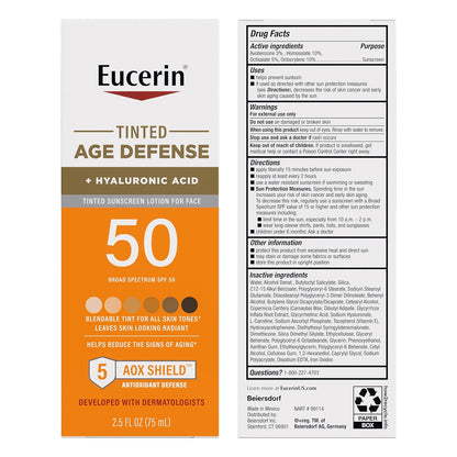 Eucerin Sun Tinted Age Defense Face Sunscreen Lotion SPF 50 with Hyaluronic Acid, Tinted Sunscreen for Face, Blendable Tint for All Skin Tones, Non Comedogenic and Hypoallergenic, 2.5 Fl Oz Bottle