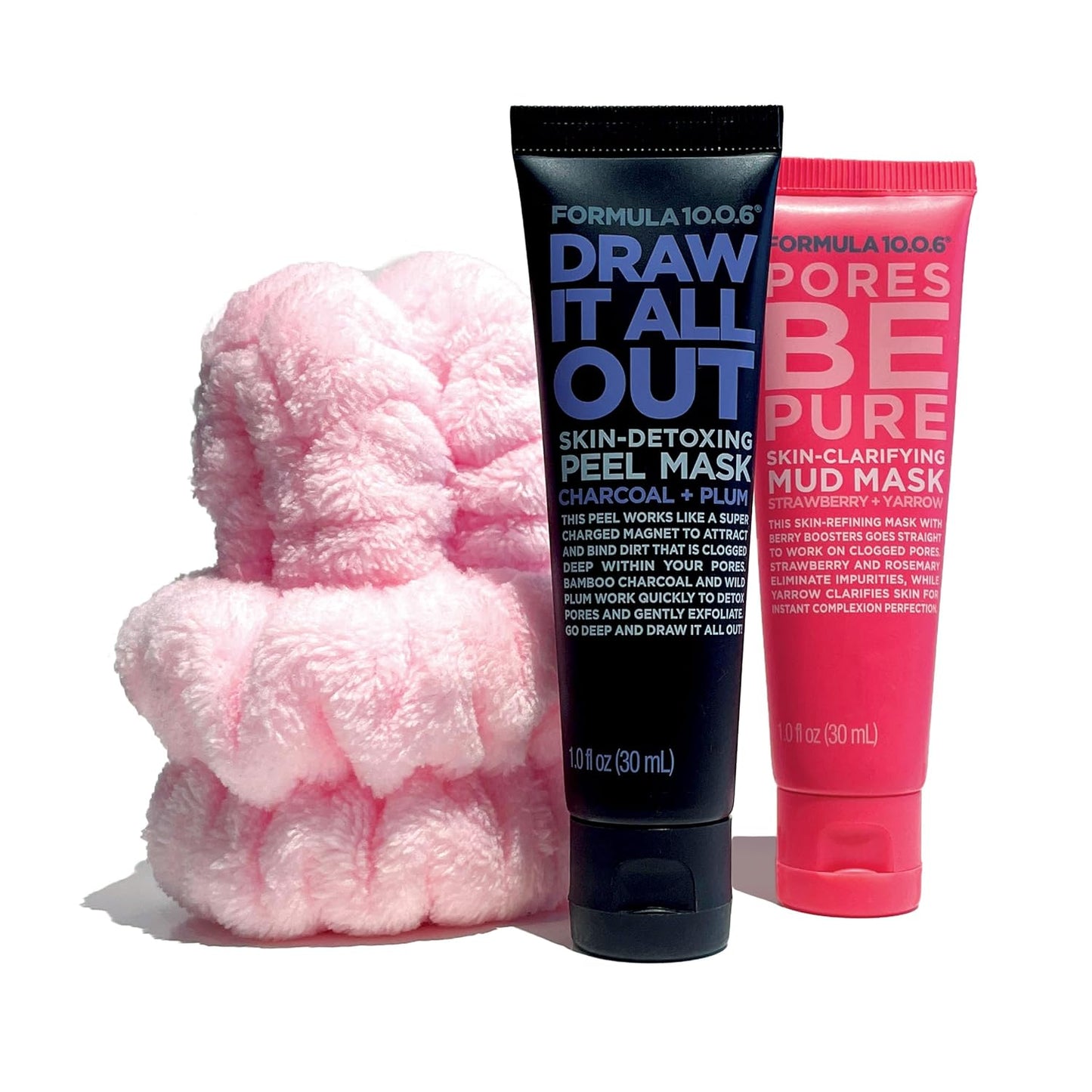 FORMULA 10.0.6 Best Sellers Face Mask Collection, Charcoal Peel Mask and Mud Mask with Fluffy Wristbands, 2 x 1 fl oz