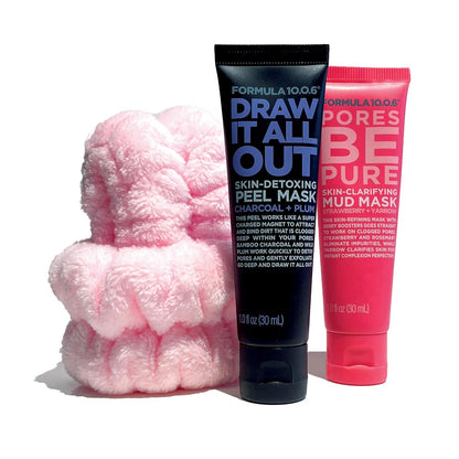 FORMULA 10.0.6 Best Sellers Face Mask Collection, Charcoal Peel Mask and Mud Mask with Fluffy Wristbands, 2 x 1 fl oz