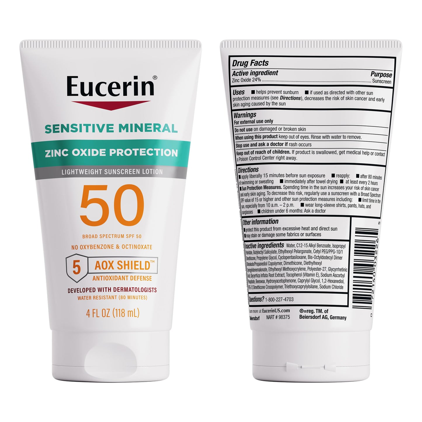 Eucerin Sun Sensitive Mineral Sunscreen Lotion SPF 50 with Zinc Oxide Protection, Hypoallergenic Sunscreen for Sensitive Skin, Oxybenzone and Octinoxate Free, 4 Fl Oz Tube