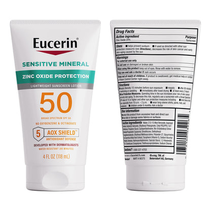 Eucerin Sun Sensitive Mineral Sunscreen Lotion SPF 50 with Zinc Oxide Protection, Hypoallergenic Sunscreen for Sensitive Skin, Oxybenzone and Octinoxate Free, 4 Fl Oz Tube