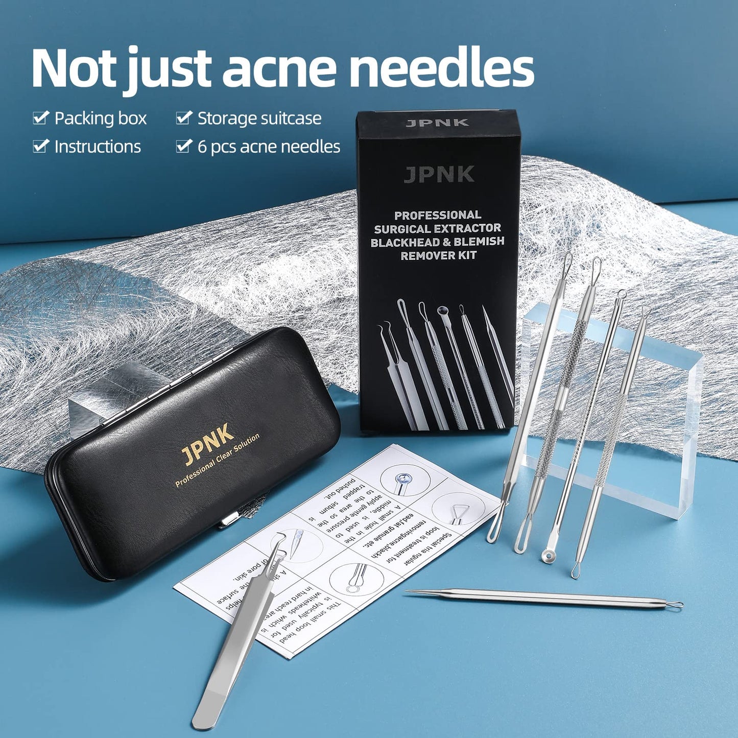 JPNK Blackhead Remover Tool Comedones Extractor Acne Removal Kit for Blemish, Whitehead Popping, 6 Pcs Zit Removing for Nose Face Tools with a Leather Bag (Pink)
