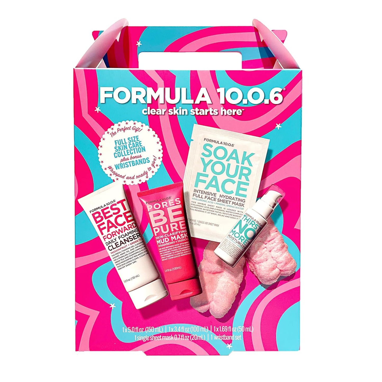 FORMULA 10.0.6 Full Size Skin Care Collection Set, Pink and Purple, 4 Piece with Best Face Forward Cleanser, Pores Be Pure Mask, Sheet Mask, Thirst No More Moisturizer, Bonus Wristbands