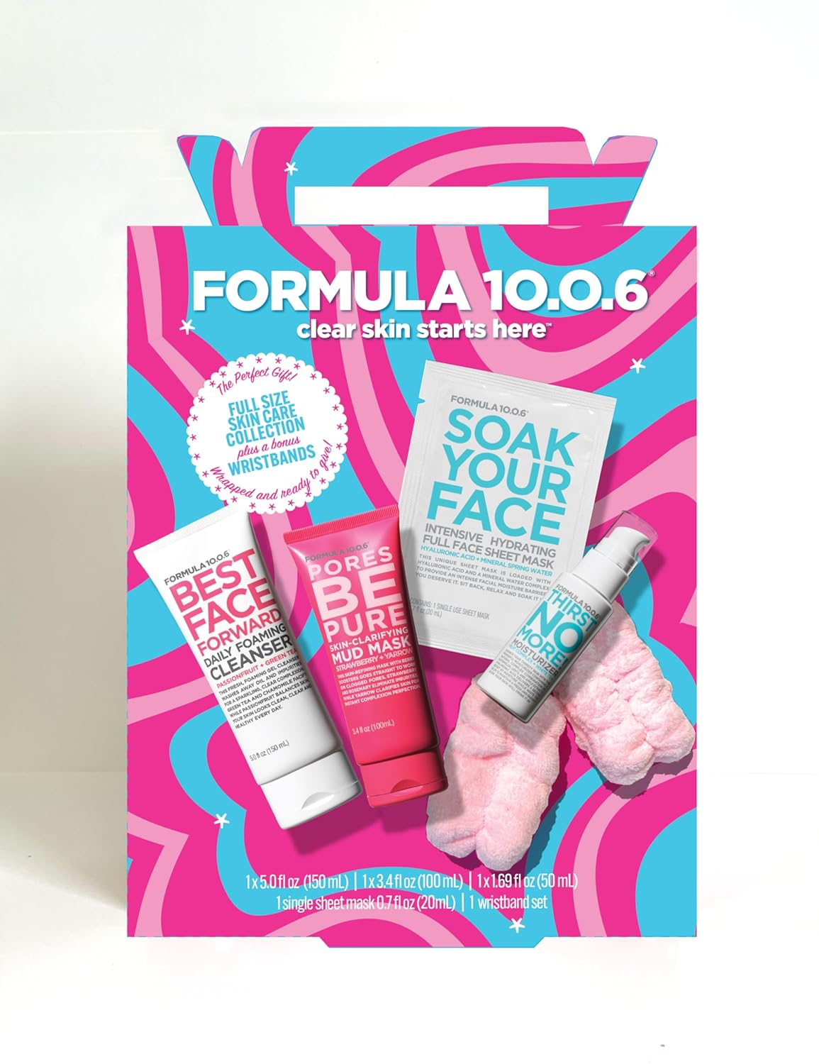 FORMULA 10.0.6 Full Size Skin Care Collection Set, Pink and Purple, 4 Piece with Best Face Forward Cleanser, Pores Be Pure Mask, Sheet Mask, Thirst No More Moisturizer, Bonus Wristbands
