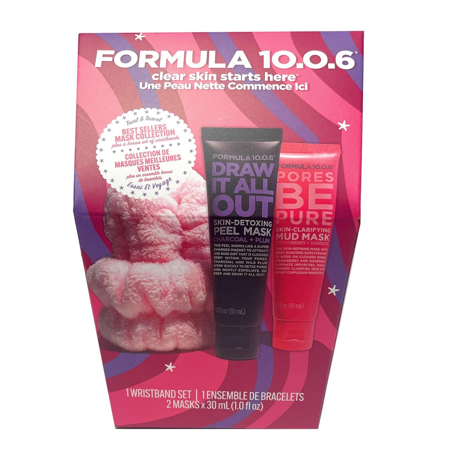 FORMULA 10.0.6 Best Sellers Face Mask Collection, Charcoal Peel Mask and Mud Mask with Fluffy Wristbands, 2 x 1 fl oz