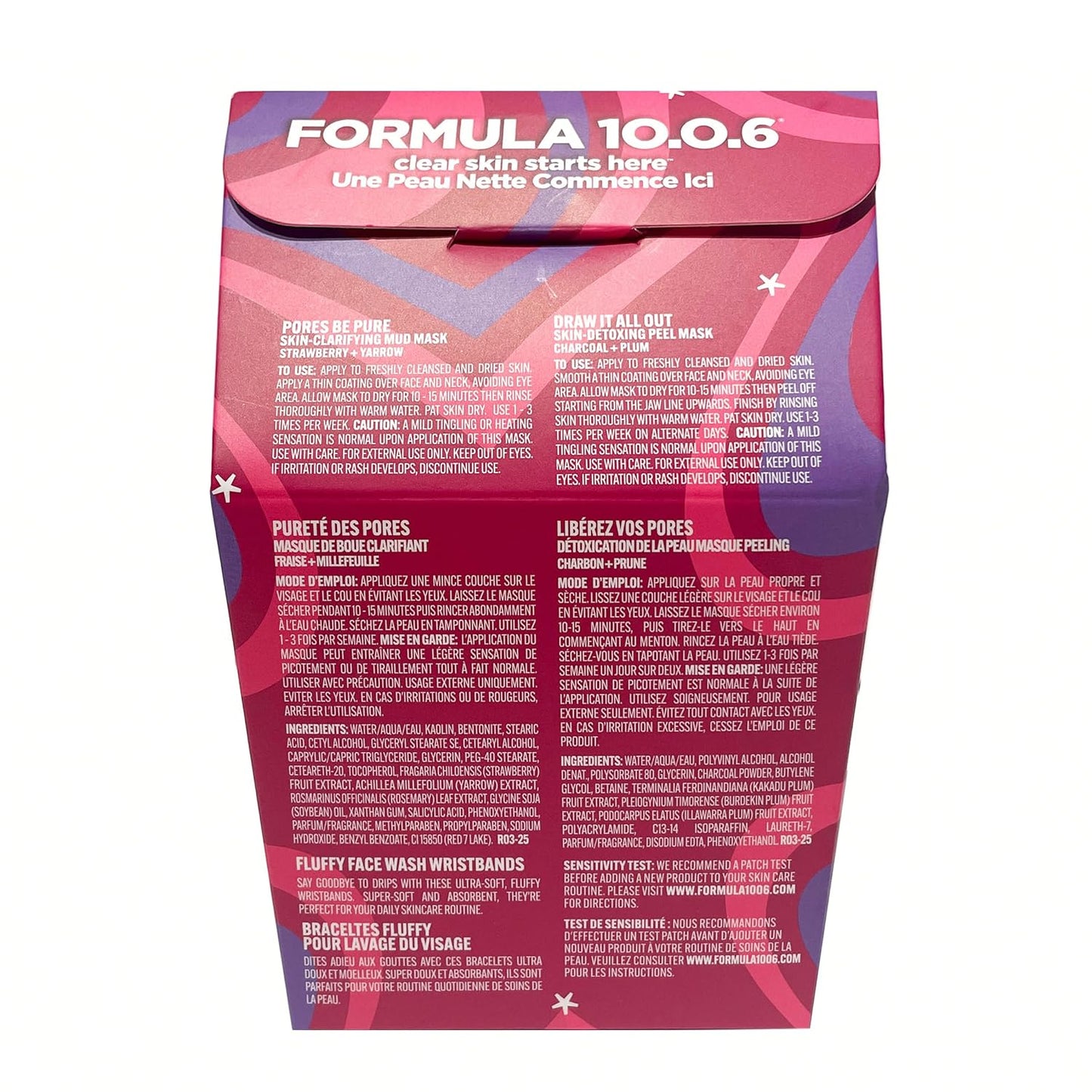 FORMULA 10.0.6 Best Sellers Face Mask Collection, Charcoal Peel Mask and Mud Mask with Fluffy Wristbands, 2 x 1 fl oz