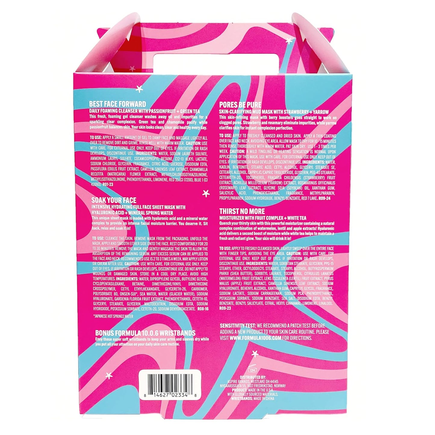 FORMULA 10.0.6 Full Size Skin Care Collection Set, Pink and Purple, 4 Piece with Best Face Forward Cleanser, Pores Be Pure Mask, Sheet Mask, Thirst No More Moisturizer, Bonus Wristbands