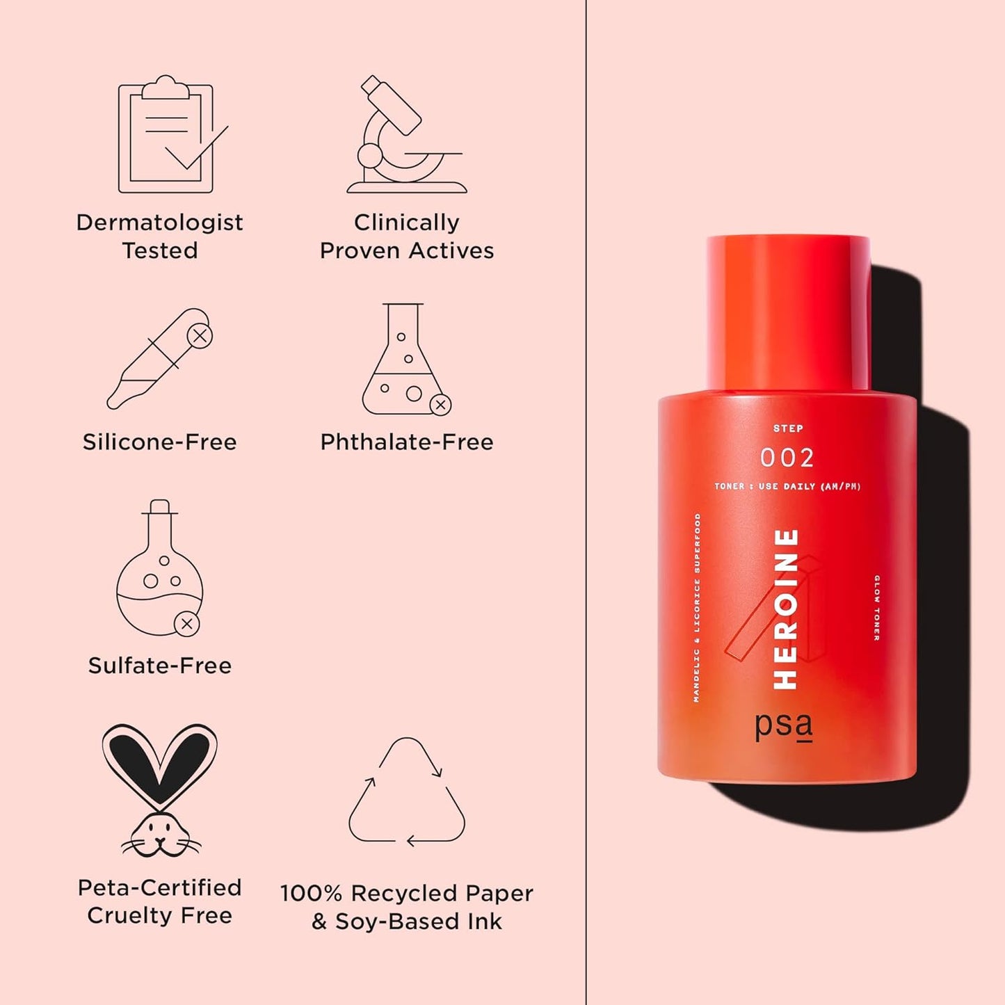 PSA Heroine Mandelic & Licorice Superfood Glow Toner: Pore-Refining Daily Toner with 6% Mandelic + Lactic Acid, Niacinamide, Licorice Root. 100 ml / 3.4 oz