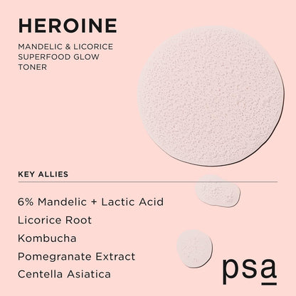 PSA Heroine Mandelic & Licorice Superfood Glow Toner: Pore-Refining Daily Toner with 6% Mandelic + Lactic Acid, Niacinamide, Licorice Root. 100 ml / 3.4 oz