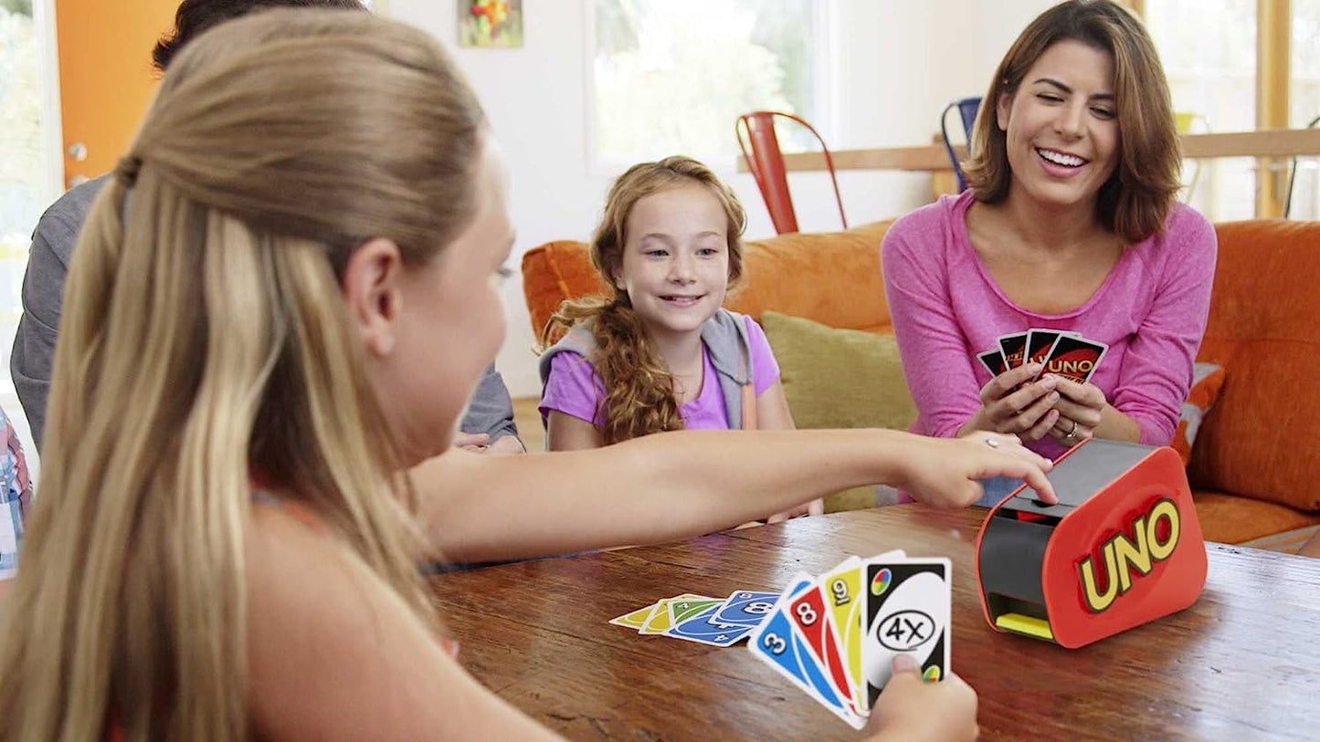 UNO Extreme Card Game Featuring Random-Action Launcher with Lights & Sounds & 112 Cards, Kid, Teen & Adult Game Night Gift Ages 7 Years & Older, GXY75