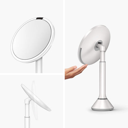 simplehuman 8" Round Sensor Makeup Mirror with Touch-Control Brightness, 5X Magnification, Rechargeable and Cordless, White Stainless Steel