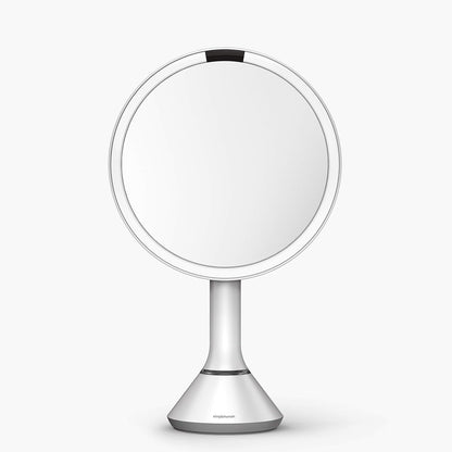 simplehuman 8" Round Sensor Makeup Mirror with Touch-Control Brightness, 5X Magnification, Rechargeable and Cordless, White Stainless Steel