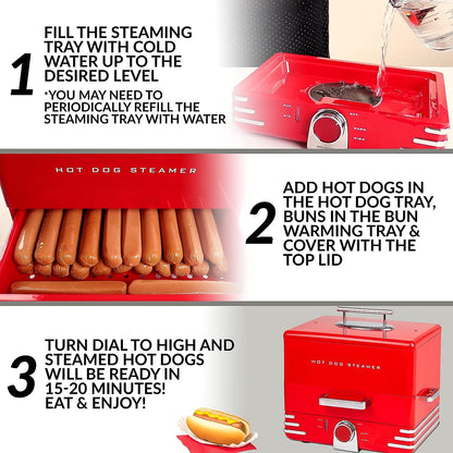 Nostalgia Extra Large Retro Classic Style Steamer Warmer, 20 Hot Dog and 6 Bun Capacity, Steam Bratwursts, Sausages, Vegetables, Fish, Dumplings, Original Red