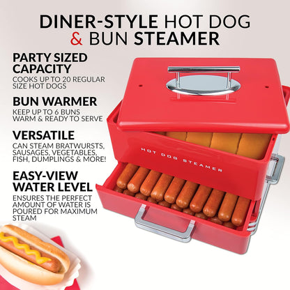 Nostalgia Extra Large Retro Classic Style Steamer Warmer, 20 Hot Dog and 6 Bun Capacity, Steam Bratwursts, Sausages, Vegetables, Fish, Dumplings, Original Red
