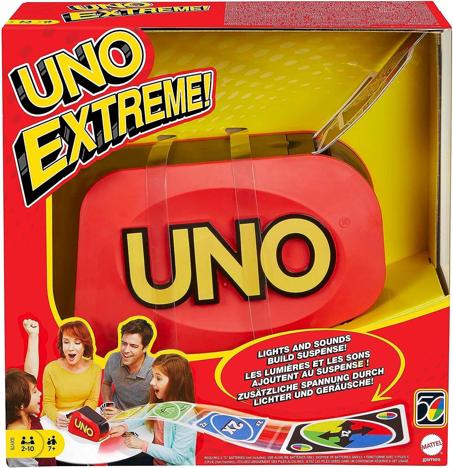 UNO Extreme Card Game Featuring Random-Action Launcher with Lights & Sounds & 112 Cards, Kid, Teen & Adult Game Night Gift Ages 7 Years & Older, GXY75